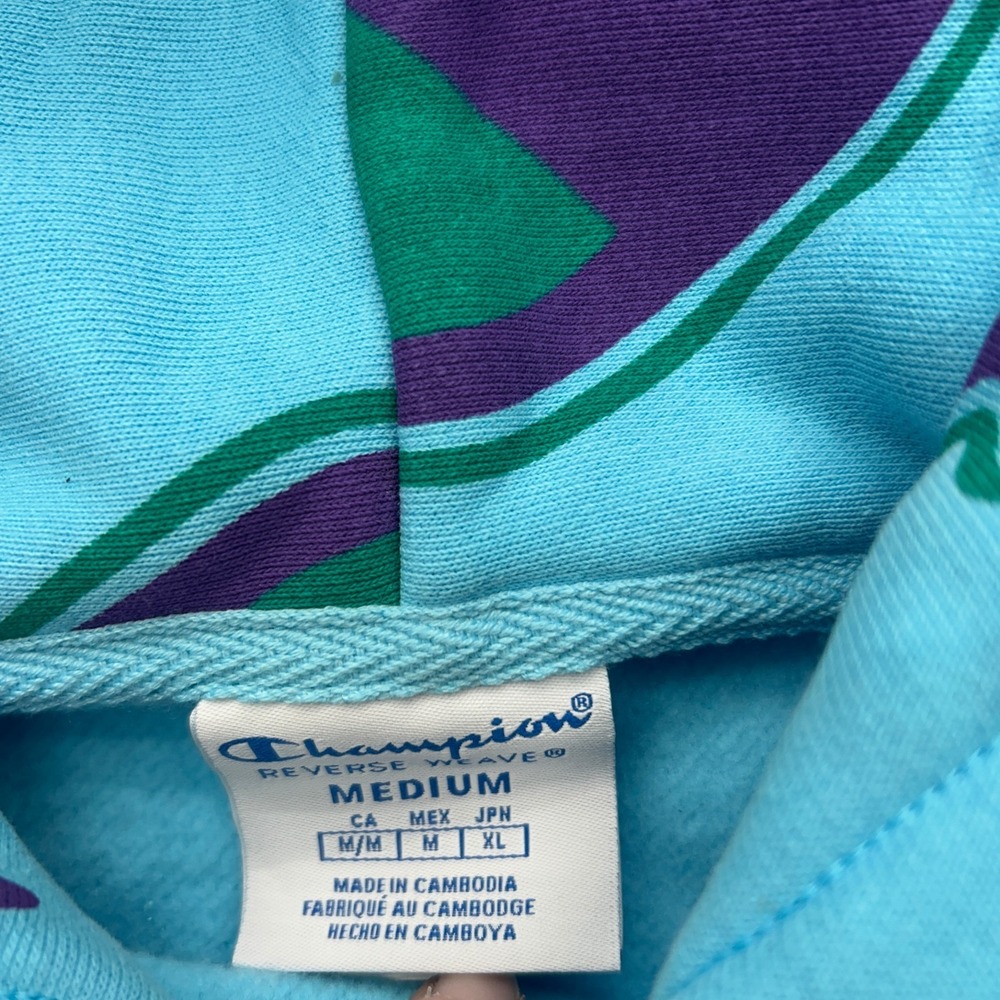 Champion Reverse Weave Hoodie Womens Medium Blue Crop All Over Print Sweatshirt - Picture 4 of 8
